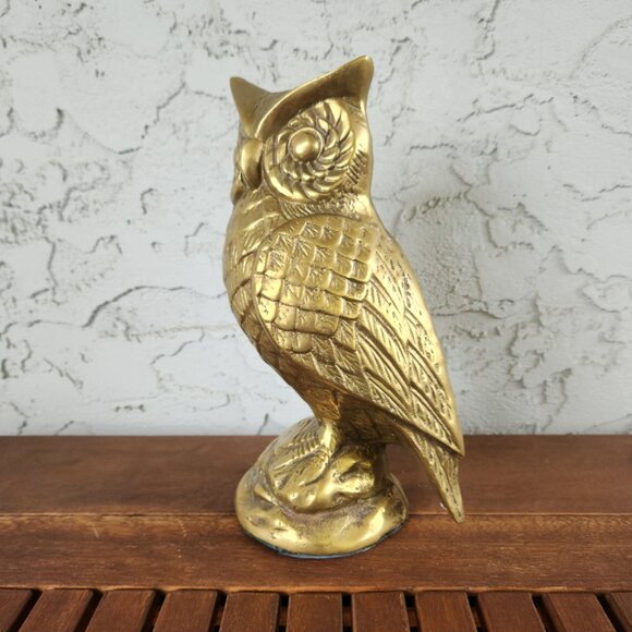 Vintage Solid Brass Owl Sculpture — 9.25" Tall — Hefty Statement Decor - Picture 2 of 7